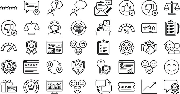 Customer service and testimonial line icons set containing client feedback star rating help desk support thumbs up down review survey loyalty reward handshake and quality guarantee outline elements.