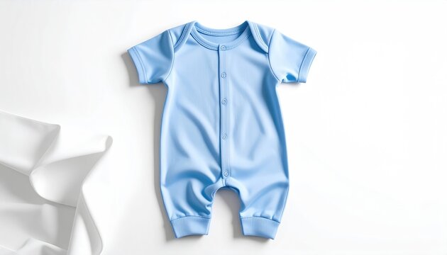 Light blue baby romper with snap closures, lying flat on a white surface