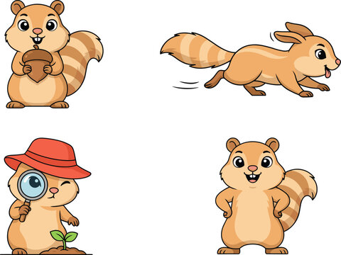 Cute Chipmunk or Squirrel Cartoon Character Mascot Set with Various Poses Holding Acorn Running and Using Magnifying Glass for Kids Nature Graphic Designs