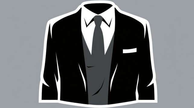 Minimalist Flat Illustration of Black Suit with White Shirt Gray Tie and Vest Pocket Square White Outline Gray Background