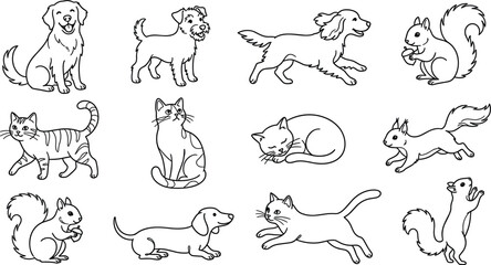 Domestic pets and wild forest animals line art drawing icons set with dogs cats and squirrels in various playful poses for kids coloring book page vector illustration © Md