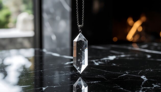 Ancient oracle crystal pendulum suspended above black marble surface close-up