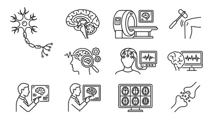 Fototapeta premium Medical Brain Scan and Neurology Icons: MRI, EEG, Neuron, Doctor