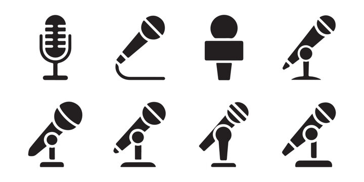 Modern dynamic microphone icons for news reporting press conference interviews and live concerts.