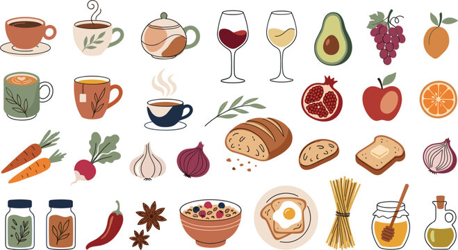 Food and drink line icons pack with coffee mugs tea wine glasses avocado grapes bread toast vegetables spices honey and healthy breakfast ingredients vector illustration