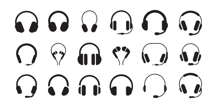 Large set of various headphone and headset icons on a transparent background for audio concepts.