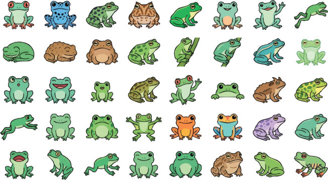 Colorful Cartoon Frog Illustrations Collection.
