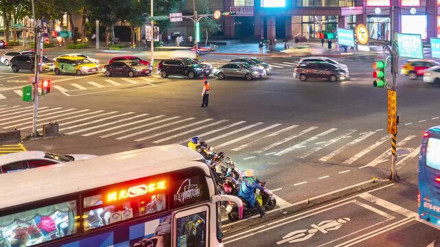 Night Time Lapse Traffic on Urban City Highway with Blurred Car Lights and Busy Streetscape