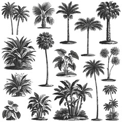 Collection of hand-drawn tropical palm trees and exotic foliage plants, monochrome botanical on white background © MadhobiRani