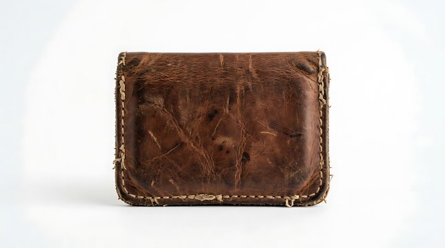 Vintage Handmade Brown Leather Wallet on White Background