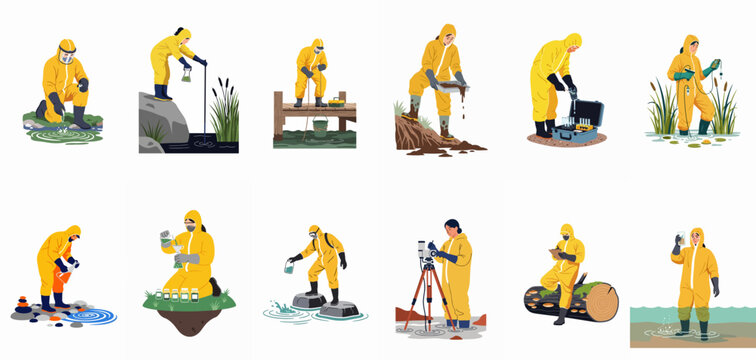 Set of environmental scientists in yellow hazmat suits conducting field research, water sampling, and soil testing in various outdoor settings for pollution analysis.