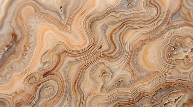 Detailed close-up of a natural agate stone slice, showcasing intricate, swirling bands of beige, brown, and white mineral patterns and textures
