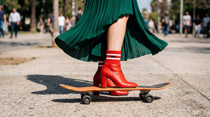 Obraz premium Fashionable woman skateboarding in vibrant red heels and green skirt