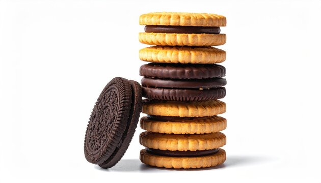 A stack of cream-filled cookies and one leaning against them