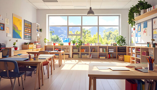 A well-lit classroom with desks and chairs arranged neatly faces a large window overlooking trees and mountains outside.