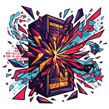 Abstract Digital Server Tower Exploding with Information Streams and Binary Data Fragments in a Cyber Security Conceptual Art Illustration