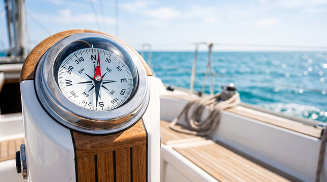 A compass is visible on a sailboat deck with the ocean in the background. The sun shines on the water, and the sky is clear. The scene shows navigation for sailing