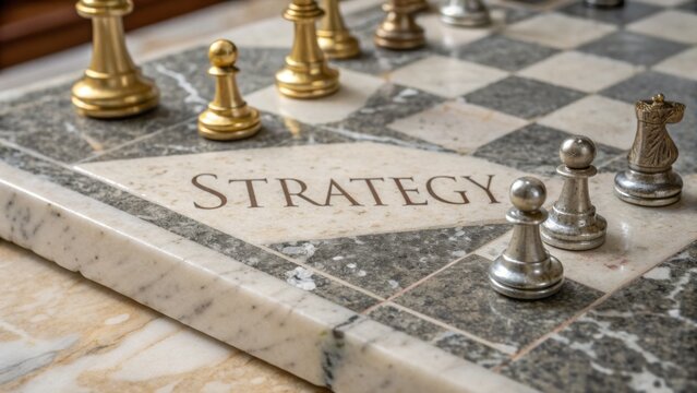 Chessboard Display with Marble Surface Featuring Engraved Strategy Text and Elegant Game Pieces in Metallic Finish