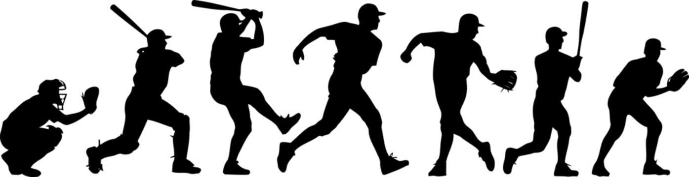 Silhouette collection of baseball players in various action poses on transparent background