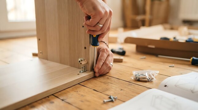 Close up of hands assembling flat pack furniture using a screwdriver and screws on a wooden floor, DIY project concept