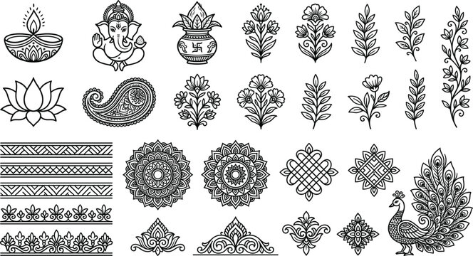 Indian traditional design elements set with Lord Ganesha diya kalash lotus peacock paisley borders and mandalas for Diwali festival decoration graphics vector illustration