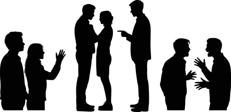 Silhouettes of seven people in various conversational and confrontational poses on a transparent background