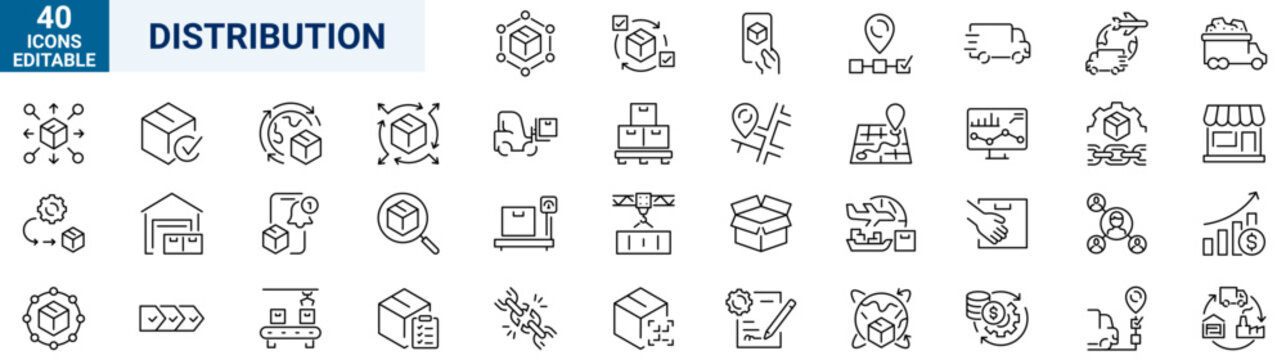 Distribution icon set in outline style. Collection of distribution, logistics, shipping, delivery, supply chain, and transport icons. Editable stroke. Vector icon collection. 