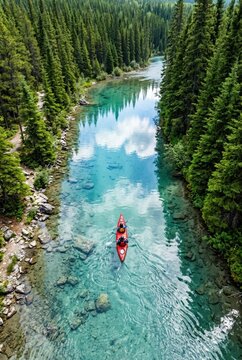top-down aerial photo of red kayak on clear turquoise river surrounded by lush forest. concept of peaceful adventure, outdoor active recreation, and a sporty, adventurous lifestyle immersed in nature