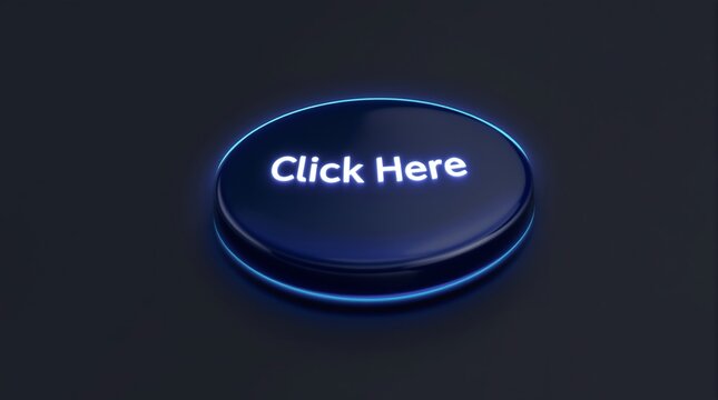 Glowing blue Click Here button with white text on dark background