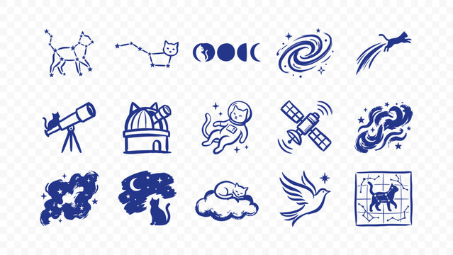 space astrology and cosmic science art doodle handmade ink scribble flat line art vector illustration icon bundle set calligraphy drawing design astronomy exploration art