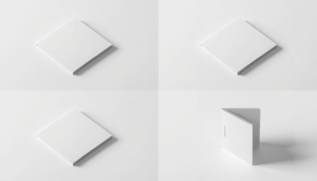 Four white boxes on white background with shadows, mockup template for product display and branding purposes