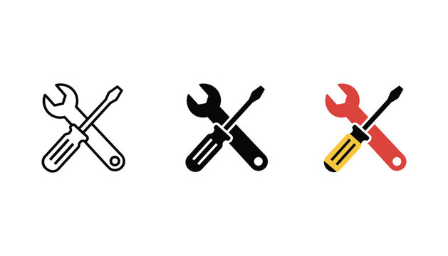 Wrench and screwdriver crossed tool icons in linear solid and flat color vector styles for construction maintenance and repair services branding