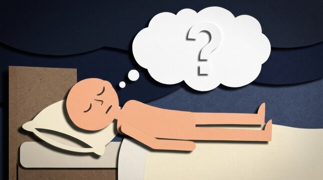 Sleeping person cutout on bed with thought cloud and question mark suggesting insomnia or dreaming uncertainty and puzzled emotion