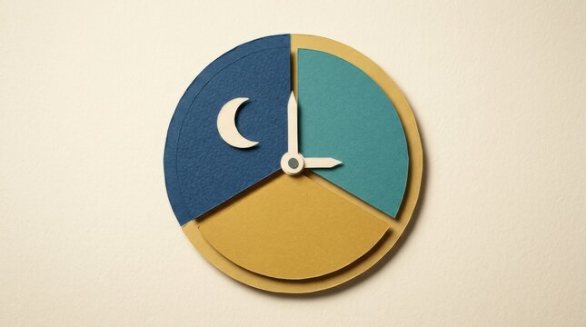 Night blue teal and ochre paper clock with crescent moon and simple hands suggesting divided time and balance in minimal flatlay composition, warm textured background and soft shadow