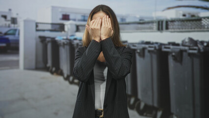 Fototapeta premium Woman in pinstripe blazer covers her face with both hands while standing before a row of trash bins on a street by a building and parked car; playful.