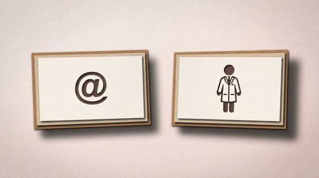 At symbol business card contact icon email icon female professional icon stacked cards paper texture minimal layout
