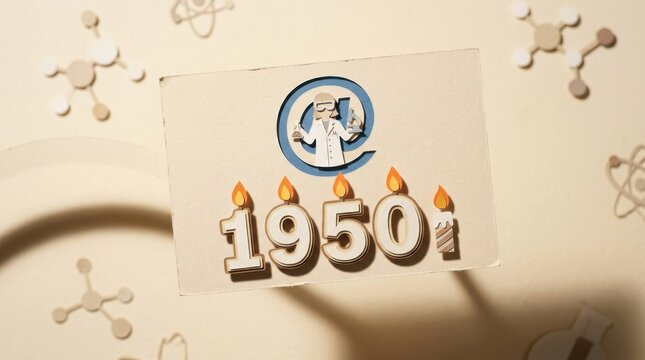 1950 birthday number cutout with scientist icon and candle flames on textured paper background evoking vintage celebration and scientific theme with warm light and molecular shapes