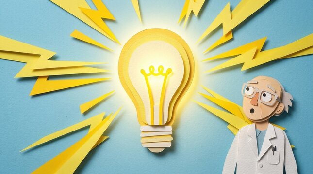 Paper cut illustration of glowing light bulb with yellow lightning rays and surprised scientist in lab coat expressing excitement about discovery and innovation
