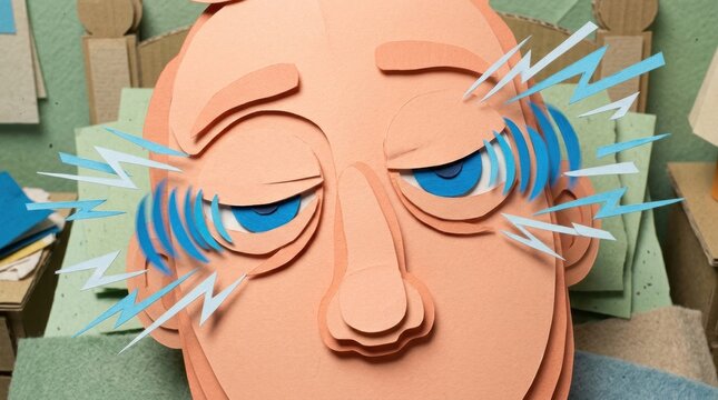 Paper craft sleepy face with layered eyelids and blue paper lightning accents conveying tiredness and sensory overload in textured studio scene