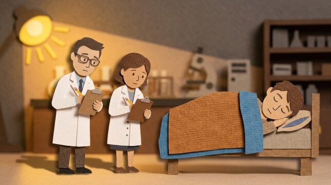 Paper cutout scene of two medical researchers in white coat taking notes beside sleeping patient in cozy laboratory setting with warm lighting and microscope in background