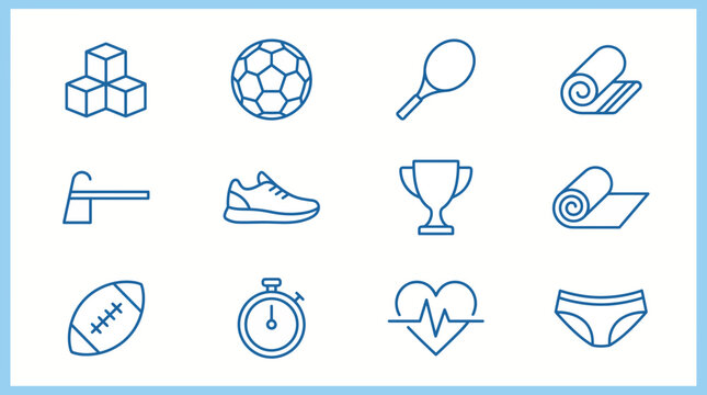 Set of blue outline icons representing various sports with athletics equipment competition