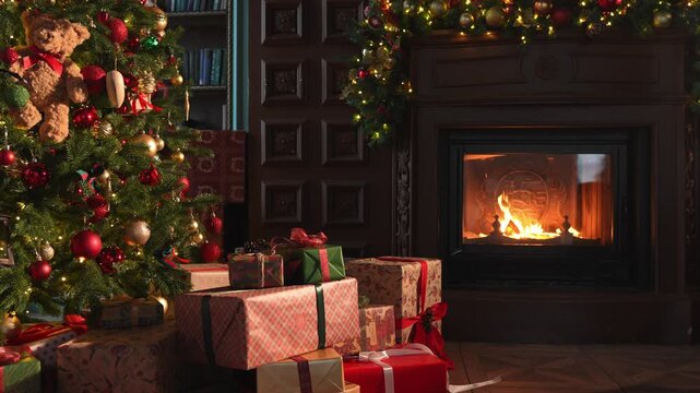 Classical Christmas decorated interior living room library with fireplace. Christmas tree with red golden ornament decorations. Modern classic style interior design apartment. Christmas eve at home