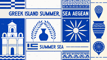 Greek island themed vector illustration with architectural elements pottery and traditional patterns aegean sea architecture © Gouranga