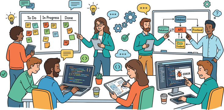 Software development team working on agile project sprint planning programming coding debugging website application workflow strategy database schema design and product development vector illustration