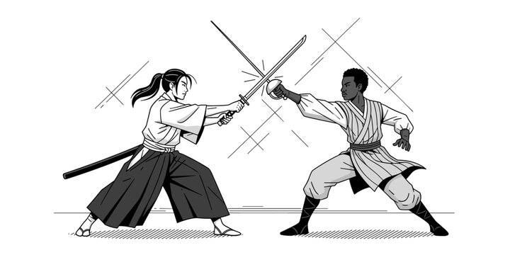 Swordsmen in dramatic combat with katana and rapier