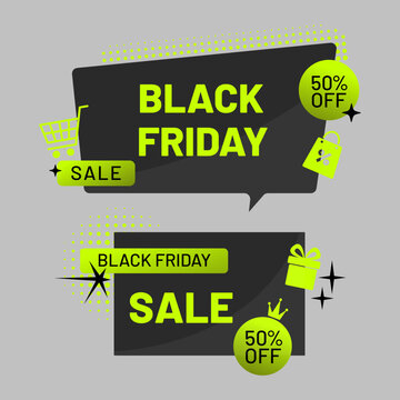 Black Friday sale banner set with neon green discount labels, shopping icons and promotional elements. Modern vector templates for retail, ecommerce, marketing and seasonal discounts.