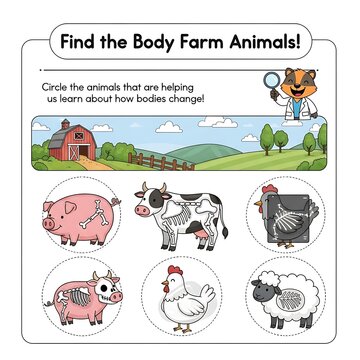 A farm-themed educational illustration with animals and a barn