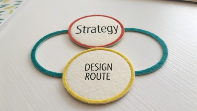 Conceptual diagram representing strategy, design, and route in a creative business process for effective planning and execution