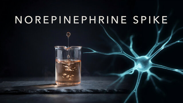 Beaker with liquid and droplet falling into it next to neuron cell with glowing blue branches on dark background