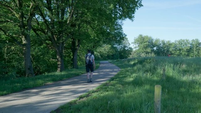 Hiker walking away on a sunny park trail